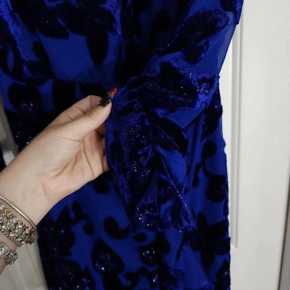 House of Harlow Revolve Womens Dress Ivan Blue Velour Burnout Ruffle Slit Sz XXS - Picture 7 of 15